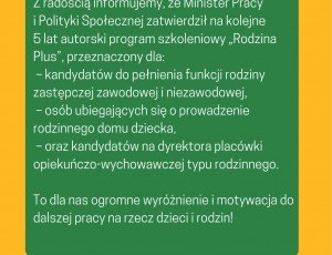 Z radością informujemy, że Minister Pracy i Polityki Społecznej zatwierdził na kolejne 5 lat autorski program szkoleniowy &bdquo;Rodzina Plus&rdquo;